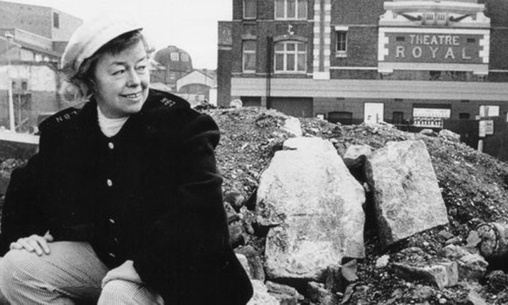 Joan Littlewood, surrounded by rubble following the regeneration of Stratford  during the 1960s.