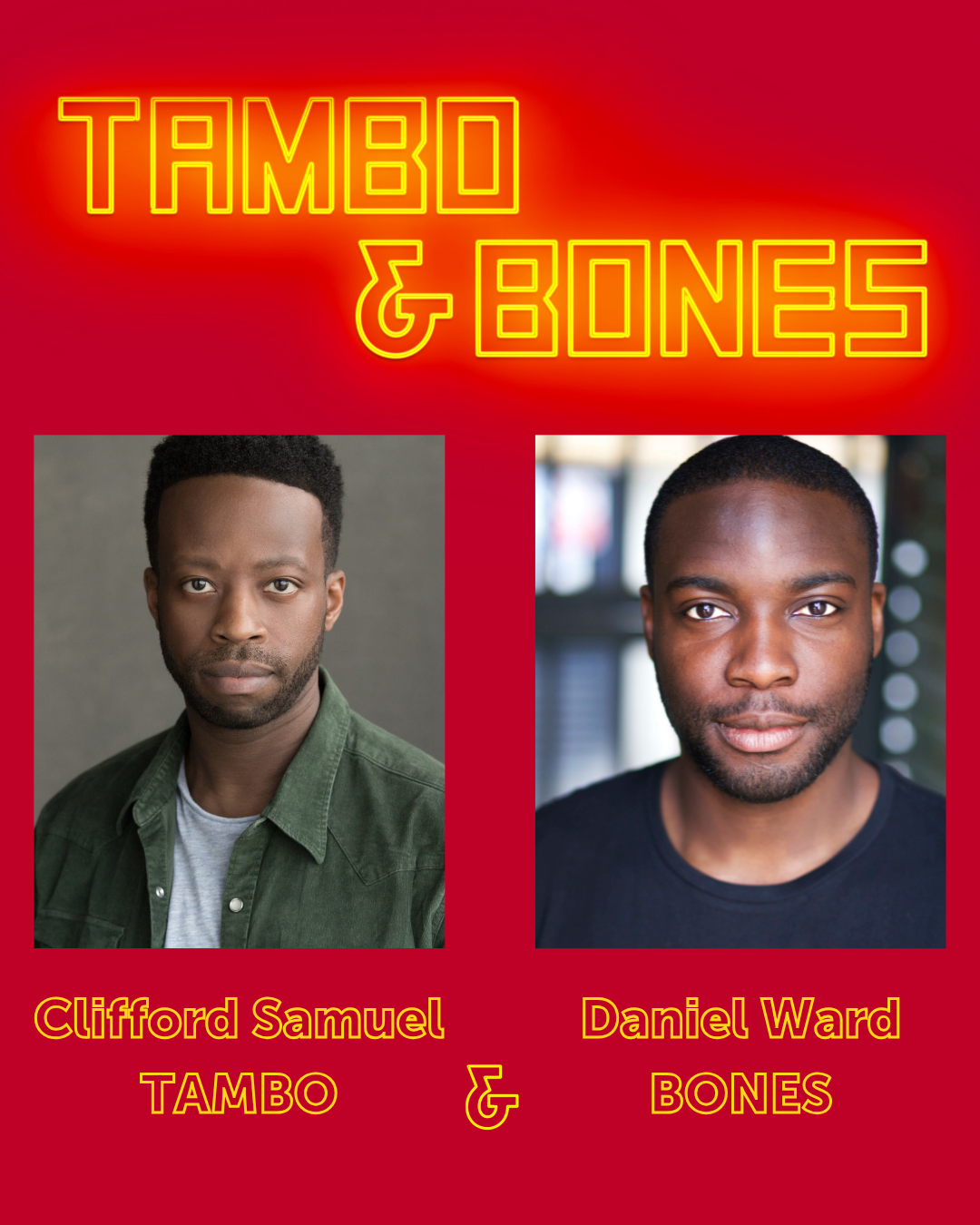 Clifford Samuel and Daniel Ward's portrait headshots on a red background for Tambo & Bones At Stratford East