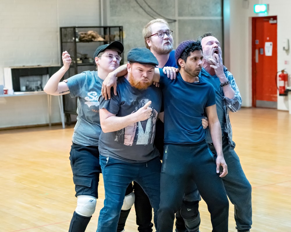 Benjamin Wilson, Brooklyn Melvin, Stephen Collins, Mitesh Soni, and Jack Lord in Oliver Twist rehearsals