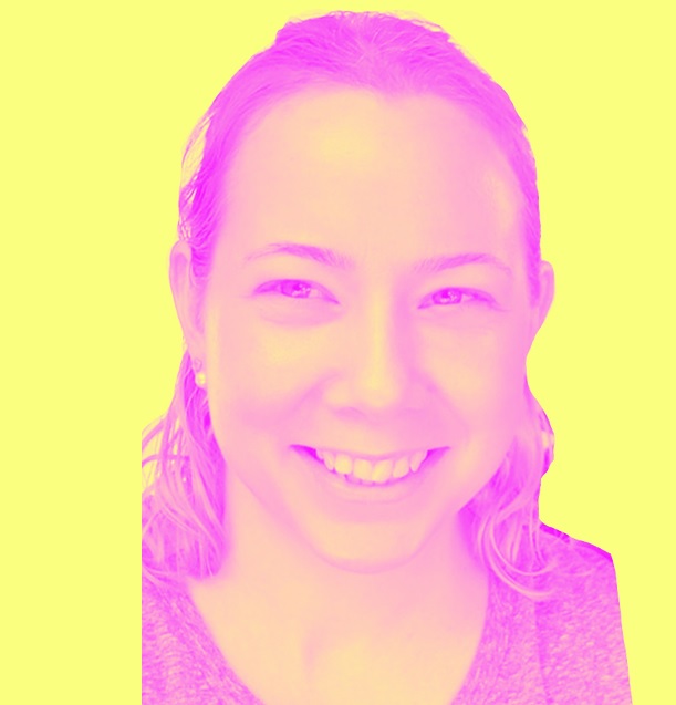 A headshot of Christina, smiling, edited in duo-tone pink and yellow