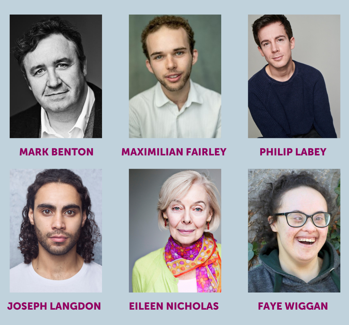 Composite image of the headshots of the cast of Village Idiot